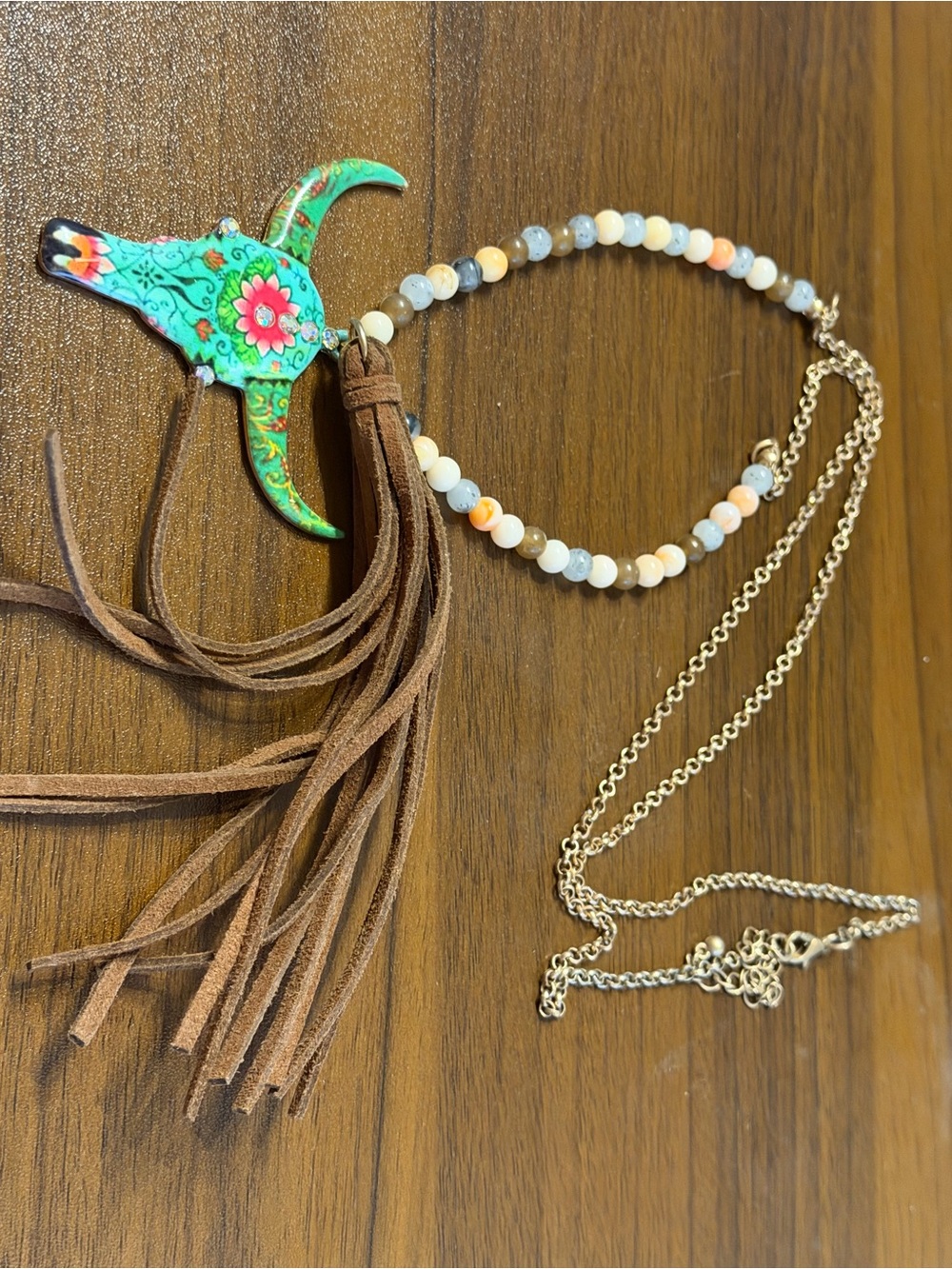 Green Floral Bull Pendant Necklace with Brown Suede Tassel